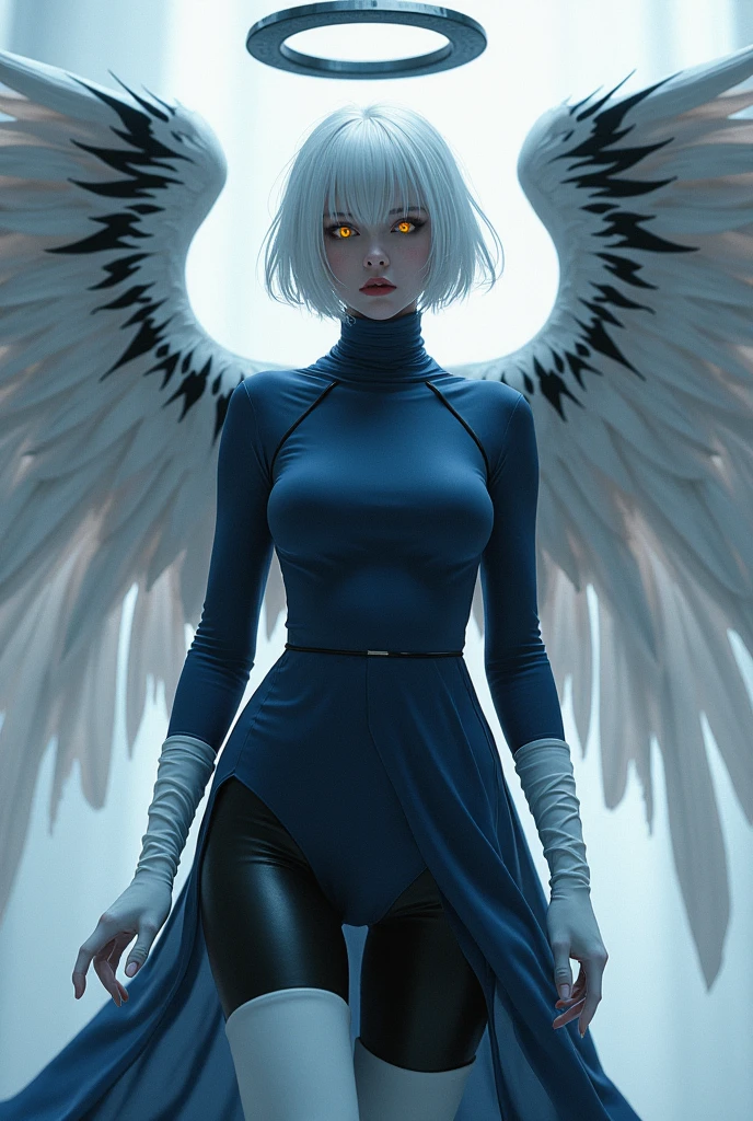 One girl, (scared), Angel, gorgeous, Hello, dark, Glowing Eyes, Red eyes, Angel wings, holy, Sensual, have confidence, Wicked Smile, Expressive eyes, Coloful Eyes, dark background, Contrast, Shadow, masterpiece, Digital Art, Glowing Eyes, Intimidating,