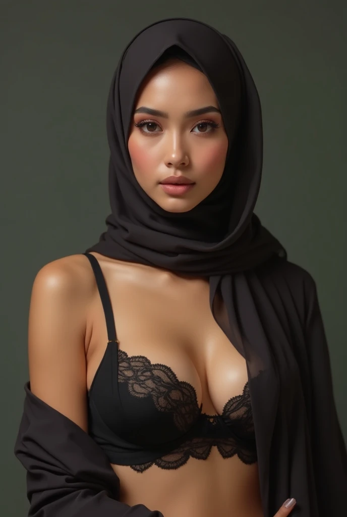 In this photograph, an Indonesian Instagram female model in her mid-20s takes center stage. , (highly detailed face:1.4) (smile:0.7) (backround 5 star hotel , moody, private study:1.OV, by lee jeffries, nikon d850, film stock photograph ,4 kodak portra 400 ,camera f1.6 lens ,rich colors ,hyper realistic ,lifelike texture, dramatic lighting , cinestill 800, realistic, wearing Black brocade lingerie, she wears a luxury brocade hijab, ((hijab)), actress, karla ortiz, posing!!, candid picture, by Max Dauthendey,Completing the aesthetic, the model show her breast. ((big breast:1.3)), yo can see the nipple visible,The photograph is meticulously captured in 8K resolution using cutting-edge techniques such as Cinema 4D and Octane Render, resulting in a highly detailed and photorealistic image. Studio lighting, HDR, and a smoky mist create a captivating ambiance, while the bokeh effect adds an artistic touch, put details on fingers