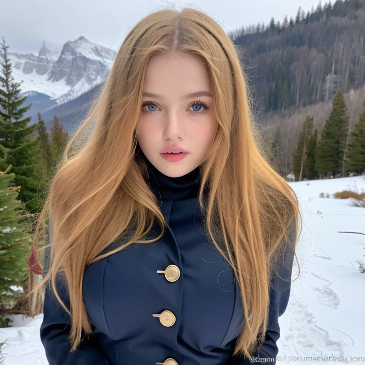 Pretty woman,cute,huge natural breasts, blonde hair curly/flowing, detailed dark BLUE eyes and face, not to skinny, make it ultra-realistic, western european girl, in the snow in the mountains, military uniform (modern military clothing elelments), extremely detailed blue eyes, extremely long wavy blonde hair.