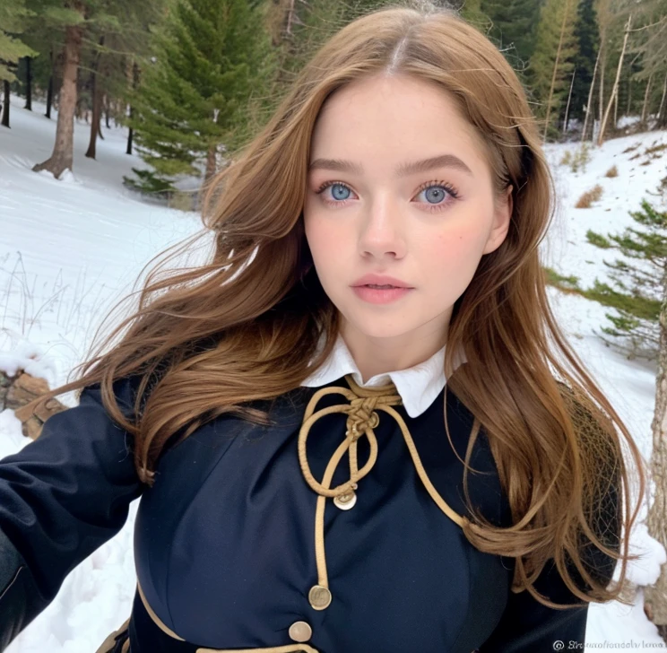 Pretty woman,cute,huge natural breasts, blonde hair curly/flowing, detailed dark BLUE eyes and face, not to skinny, make it ultra-realistic, western european girl, in the snow in the mountains, military uniform (modern military clothing elelments), extremely detailed blue eyes, extremely long wavy blonde hair.