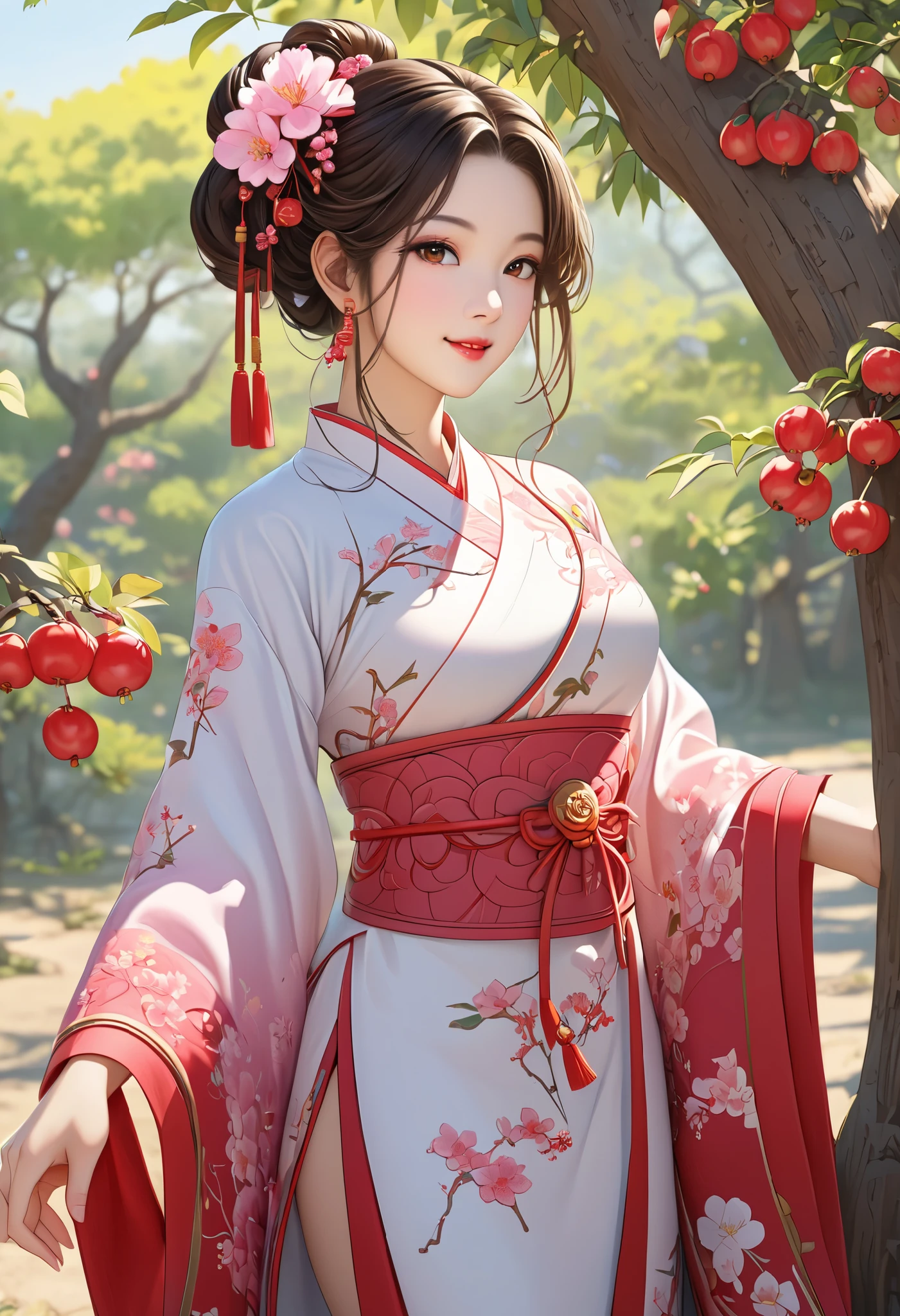 masterpiece,  super detail,  High Quality ,  very detailed, 8k wallpaper, A beautiful single daughter ,  ancient Chinese clothing , full body, Beautiful brown eyes,  pink lips, Beautiful nose, A neat and beautiful face,  looks at me and smiles gently , Mid-chest,  has an anatomically accurate and beautiful figure, Beautiful Skin, natural clean background , Sunshine, Wolfberry flower ,   next to a jujube tree  ,   detailed illustration art, 