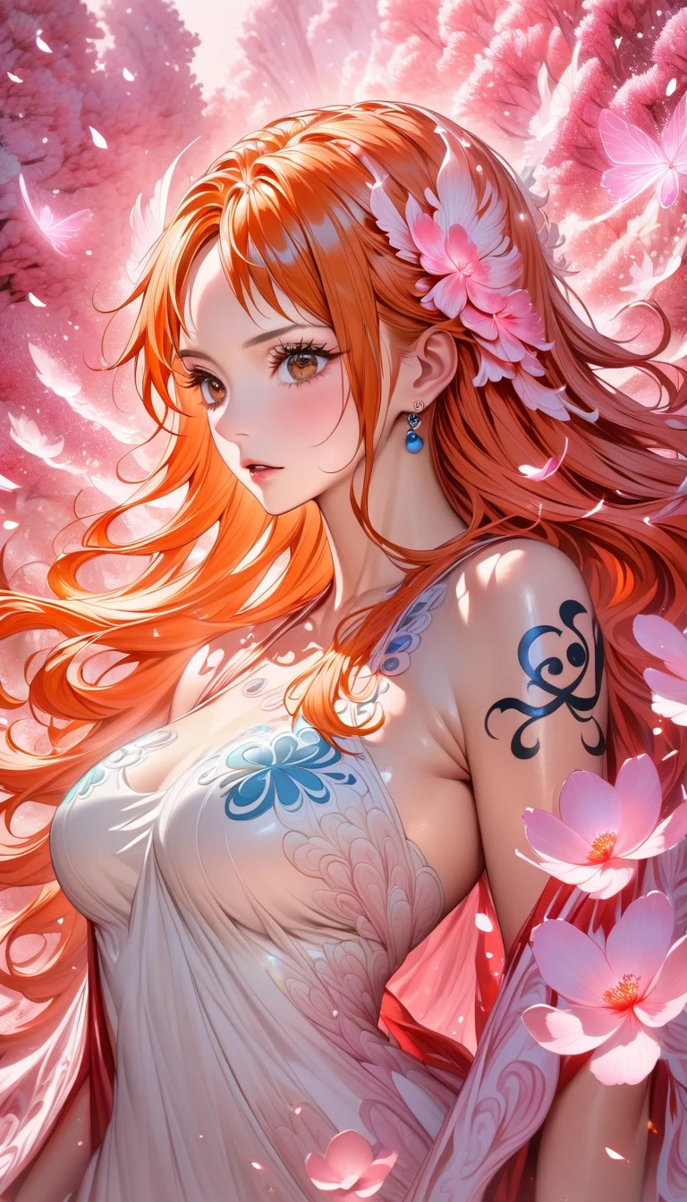 absurdres, highres, ultra detailed, HDR, master piece, best quality, Nami, long orange hair, expressive brown eyes, one piece, solo, woman, beautiful, white dress, red jacket, pink butterflies, petals, pink flowers, magical, fantasy, glittering, pink background