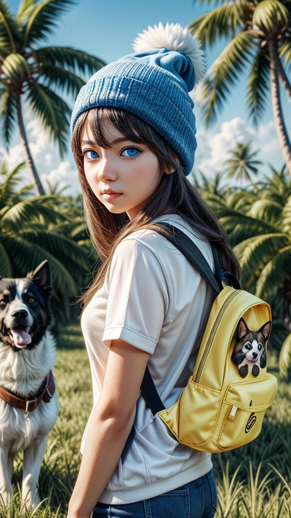 anime girl with a (((yellow backpack))) and (((four dogs in a field of coconut trees))), ((((blue eyes girl)))), (((The girl is wearing a beanie))), cute detailed digital art, adorable digital painting, ((((camera a front of character)))), artwork in the style of guweiz, realistic anime 3 d style, anime styled 3d, render of a cute 3d anime girl, made with anime painter studio, anime style. 8k, childrens art in artstation, anime visual of a cute girl,