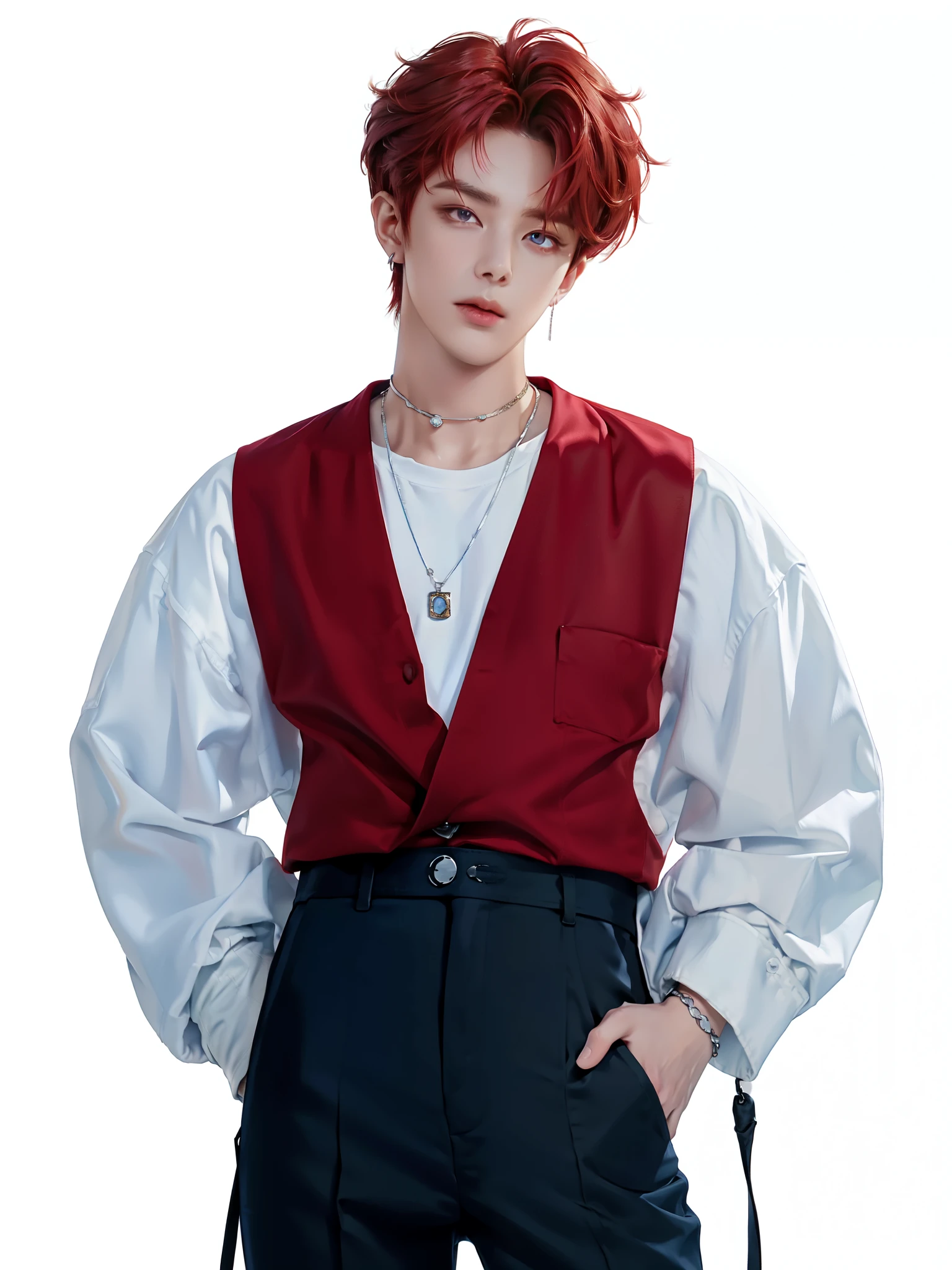 (4K)) ((  high quality  )) (( white background )) ((amber-red hair color)) ((blue trousers)) стоит прмо One участник к-поп группы,  look  ........, , which immediately distinguishes it from others . He has soft facial features..........., perfect skin and expressive eyes, his nose is long, and plump lips. Yunjun medium length hair, slightly wavy,  and he is painted in a warm reddish tint with a slight honey tint. Он часто укладывает волосы вот So, So,  is standing with bangs covering his forehead on both sides , , , which adds mystery and romance to the  . HE wears a :  A lightweight white T-shirt or top in combined with a black or dark red silk or velvet vest.  Braces can be left down or worn carelessly , for the .
through:  Black high-waisted pants with a shiny effect .
Accessories:  Metallic choker ,  speaker thin ,  clip earring or small ear ring ,  bracelets to add more detail .  Braces create contrast and add audacity . (  relaxed pose  )) ((full length pose)) ((looks at me)) ((hands are relaxed)) ((hand in pocket) ((full length pose)) ((painting in artistic style)) (( white background )) ((Выстрел One)) ((One))