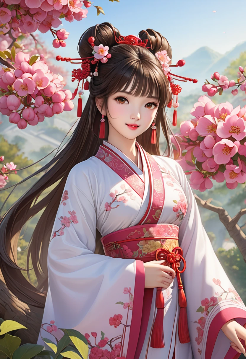 masterpiece,  super detail,  High Quality ,  very detailed, 8k wallpaper, A beautiful single daughter ,  ancient Chinese clothing , full body, Beautiful brown eyes,  pink lips, Beautiful nose, A neat and beautiful face,  looks at me and smiles gently , Mid-chest,  has an anatomically accurate and beautiful figure, Beautiful Skin, natural clean background , Sunshine, Wolfberry flower ,   next to a jujube tree  ,   detailed illustration art, 