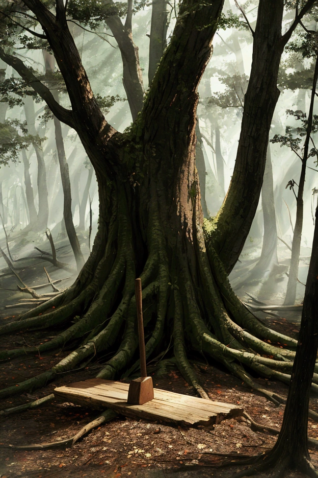 A tree in the felled forest with an ax in its stump