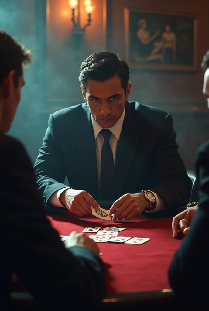 RAW color photo, ChristopherLee_Dracula , sitting, playing poker, indoors, gaming table, playing cards, Monte Carlo casino, night <lora:ChristopherLee_Dracula_v1:0.75> <lora:XenoDetailer_v2:0.75>