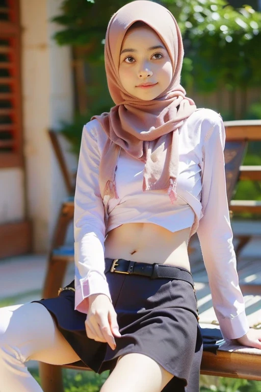 (((Ultra-HD-quality-details))) , school girl wearing hijab (Hijabi) , long sleeve uniform buttoned open navel ,indistinct ,Long skirt ,low waist buckle belt (like a belly dancer ),sitting hunched over ,lean back ,realistic,(8k resolusion)