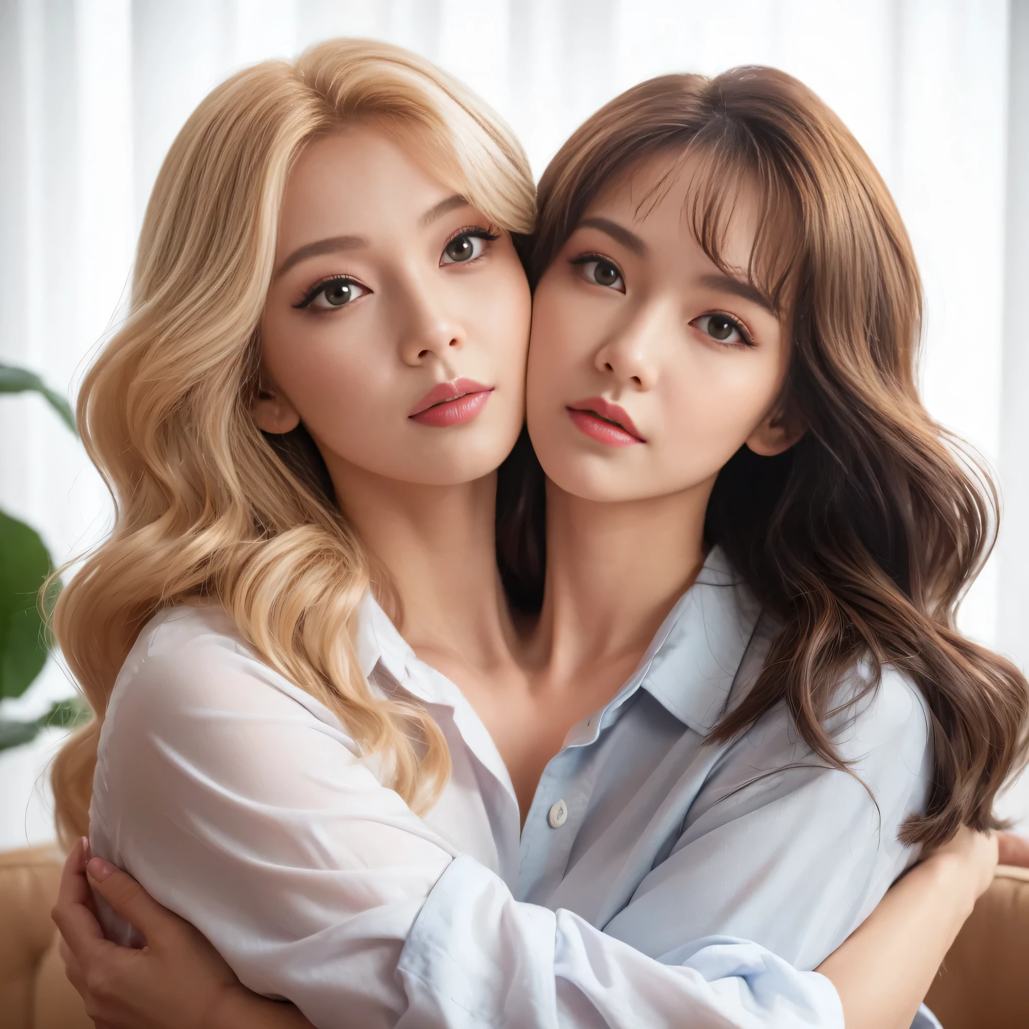 Best resolution, woman with two heads, conjoined,hugging lipstick, different faces, button shirt