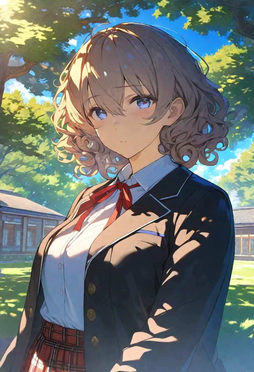 Masterpiece, hdr, bloom, 4k, Anime-style illustration featuring a beautiful female student, short hair of brown, styled with messy curly hair, bangs between eyes, she has a gentle, soft expression with large, slightly downturned eyes, giving her a calming and approachable aura, large breast, She is wearing a formal school uniform consisting of a black blazer, white shirt, red neck ribbon, red plaid skirt, and black pantyhose. reflecting her reserved but comforting personality, The background is a serene school courtyard during a sunny day, with trees, a blue sky, and soft sunlight filtering through, creating a peaceful and bright atmosphere. The style is detailed and vibrant, evoking a classic anime scene, cowboy shot, looking at viewer