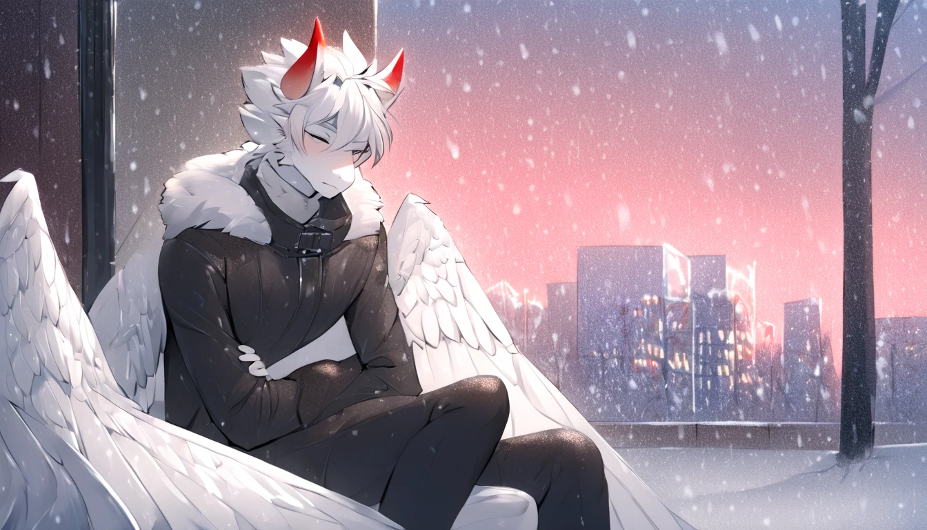 White Dragon Fluffy Red Horned Skinny Femboy Black Winter Suit White All White Cool White Wings White Hair Japanese City Places Snowfall Handsome Fairy Wings Handsome Hairstyle Handsome Face Sitting at Bus Stop Cute Handsome Looking Dragon