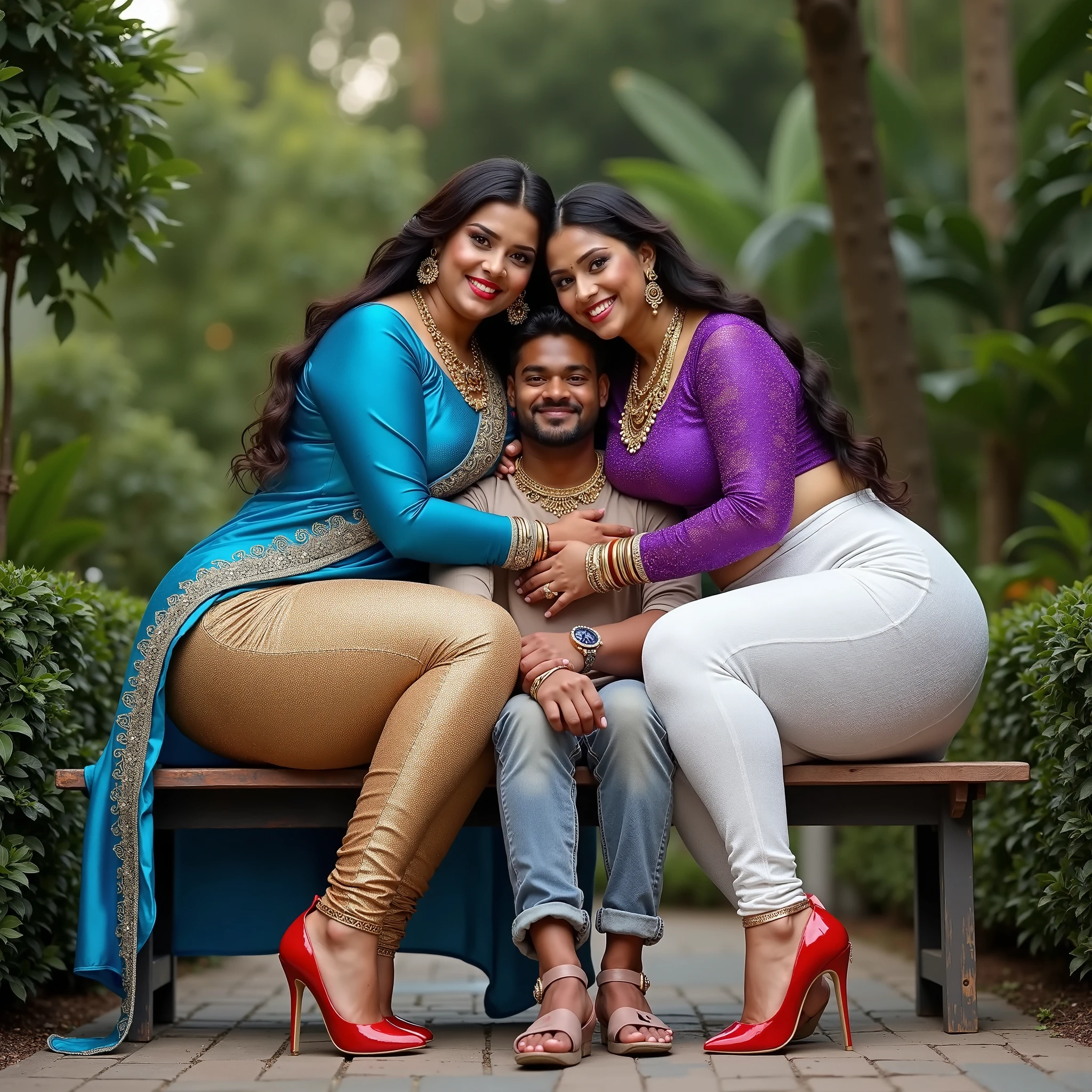 A radiant, full-figured South Indian plus-sized 45-year-old aunty wearing a sky blue salwar, tenderly hugging a jubilant group of 25-year-old men in living room, captured in a full-body image with vibrant hues and meticulous details.