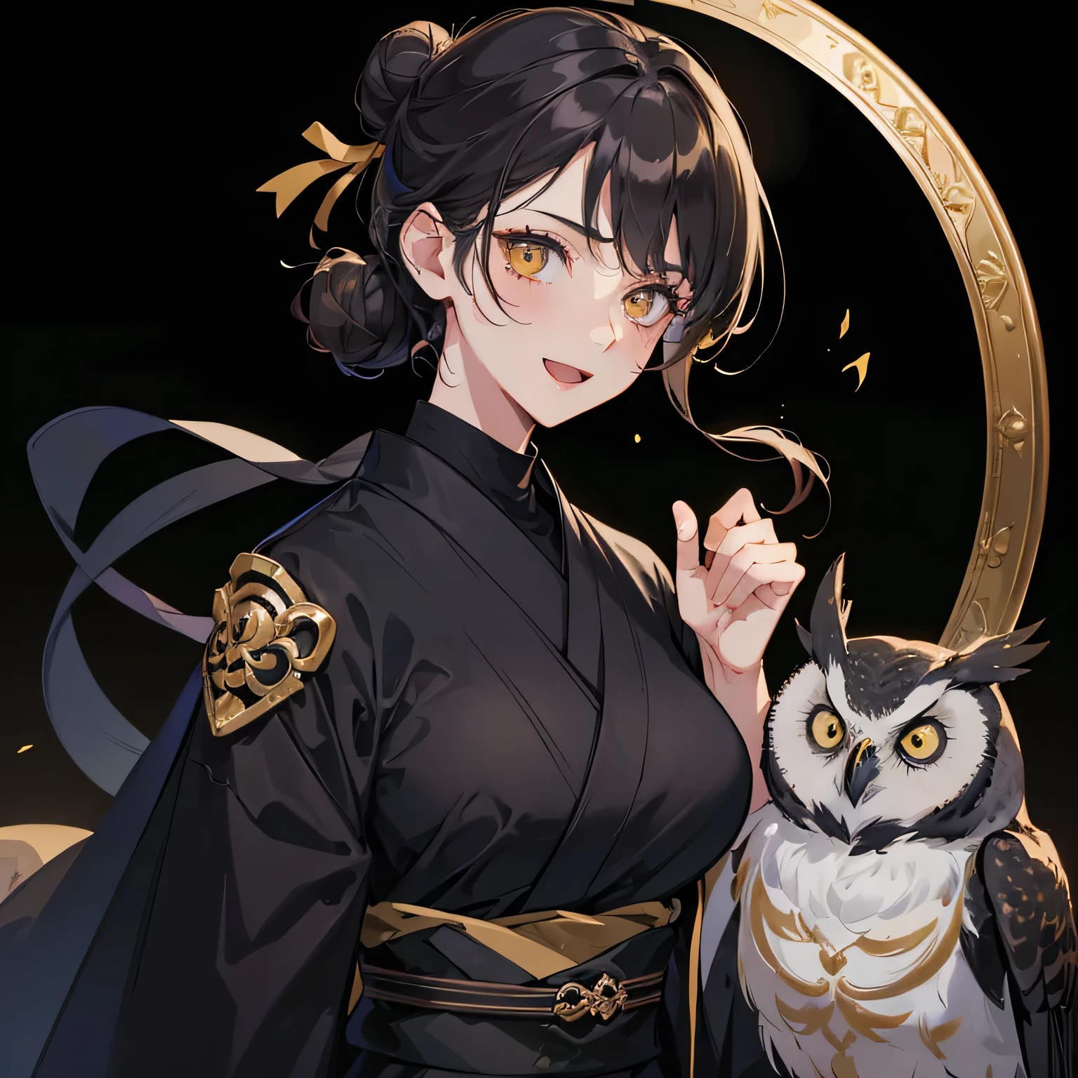 ((masterpiece)), newest, absurdres, safe, beautiful girl, (tomboy girl), (woman), ((have a pet dark owl)), anime girl, anime, brown dark hair, (hair tied), ((hair tied in a bun like a noble hair with bangs)), Brown dark hair, (black hair under brown mixed), ((bautiful detailed hair)), yellow eyes, her expression is intense and focused, (big smile), (wearing turtleneck), (wearing sexy elegant black kimono clothes), black owl, showing shoulders, gloves, wearing neck necklace, owl ears brooch, looking viewer, multicolored hair, black-grey hair, no humans, owl ears, colored skin, :D, texture, (black and gold light background), (abstract brown black shining background), soft light, elegant, ((random women pose)) Elegant, princess, HD, ((4k resolution)), (high quality cg), (beautiful cg), Older sister, beautiful,