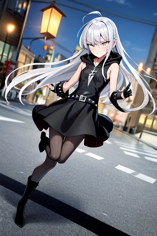 ((best quality)), ((masterpiece)), (detailed), 1 girl, Full body, s, embarrassed face, Silver eye, Grey hood, Blushing, Silver hair, Straight hair, long hair, ahoge, Bangs, Lock of hair covering right eye, Full body, very tall, small breasts, Slim body, Metal spikes, Grey wristbands, Long black gloves with spikes, Lantern sleeves, Grey Gothic ****ta dress, Grey dress with metal spikes, Metal emblem, Somewhat tight, Black belt, Metal legs, Black pantyhose, Black boots, Metal coming out of the road, City background, Anime