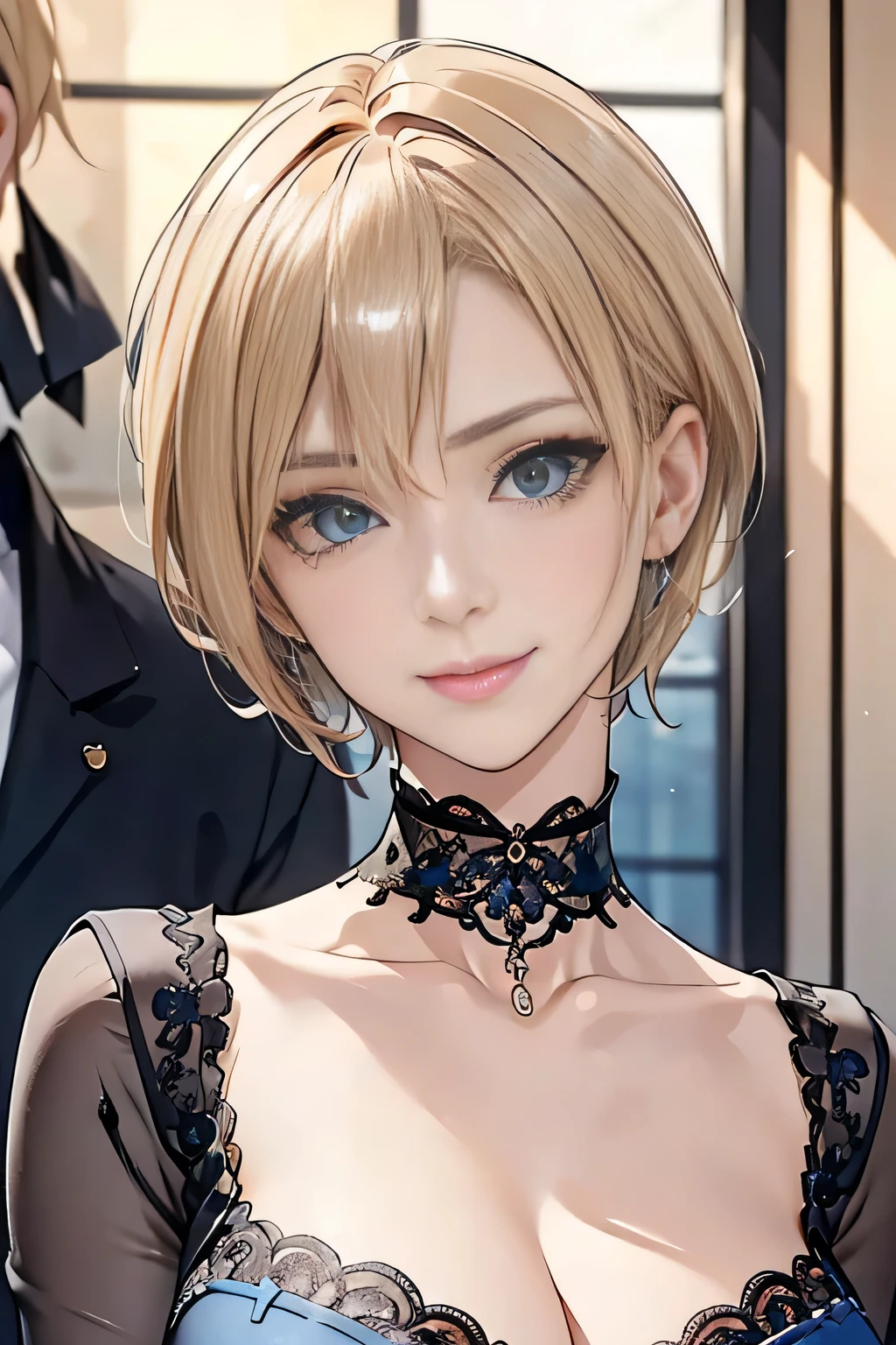  short blonde hair ,  blue eyes,  tilting your head , Elegant black lace 3-piece bra、An elaborate black lace choker、Shiny blue earrings、smile、kind