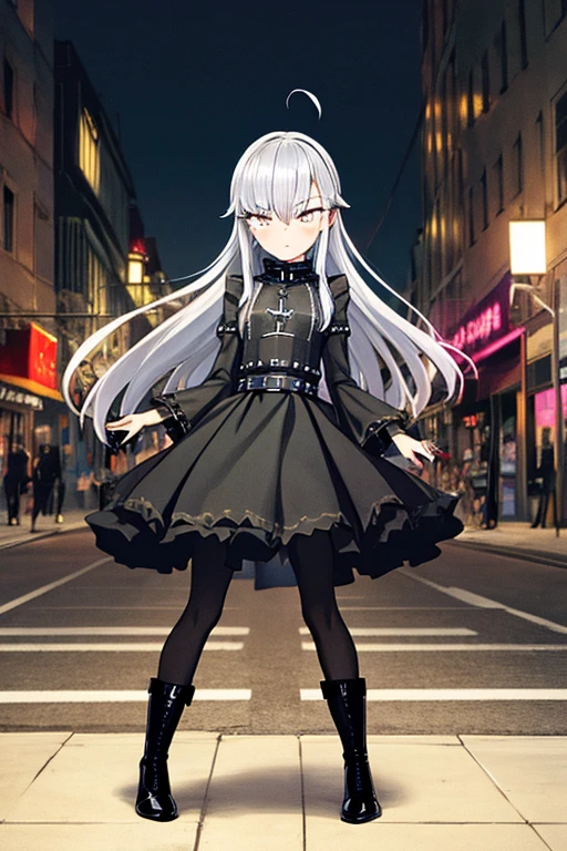 ((best quality)), ((masterpiece)), (detailed), 1 girl, Full body, s, embarrassed face, Silver eye, Grey hood, Blushing, Silver hair, Straight hair, long hair, ahoge, Bangs, Lock of hair covering right eye, Full body, very tall, small breasts, Slim body, Metal spikes, Grey wristbands, Long black gloves with spikes, Lantern sleeves, Grey Gothic lolita dress, Grey dress with metal spikes, Metal emblem, Somewhat tight, Black belt, Metal legs, Black pantyhose, Black boots, Metal coming out of the road, City background, Anime