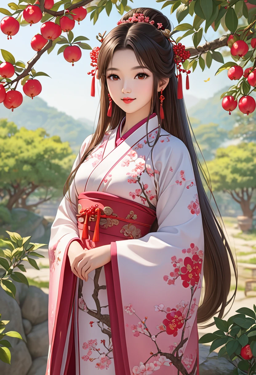 masterpiece,  super detail,  High Quality ,  very detailed, 8k wallpaper, A beautiful single daughter ,  ancient Chinese clothing , full body, Beautiful brown eyes,  pink lips, Beautiful nose, A neat and beautiful face,  looks at me and smiles gently , Mid-chest,  anatomically accurate and beautiful figure, Beautiful Skin, natural clean background , Sunshine, Wolfberry flower ,   next to a jujube tree  ,   detailed illustration art, 