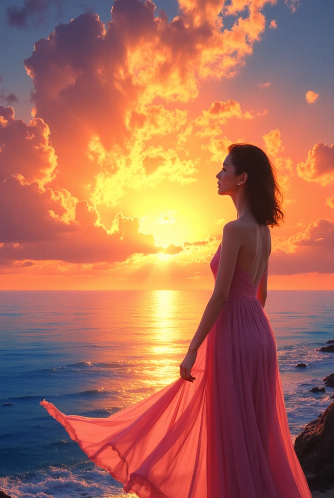  Beautiful sunset painting Beautiful woman is looking at sunset, she is wearing pink dress,Orange with yellow sky blue river at sunset 3D background ,4K