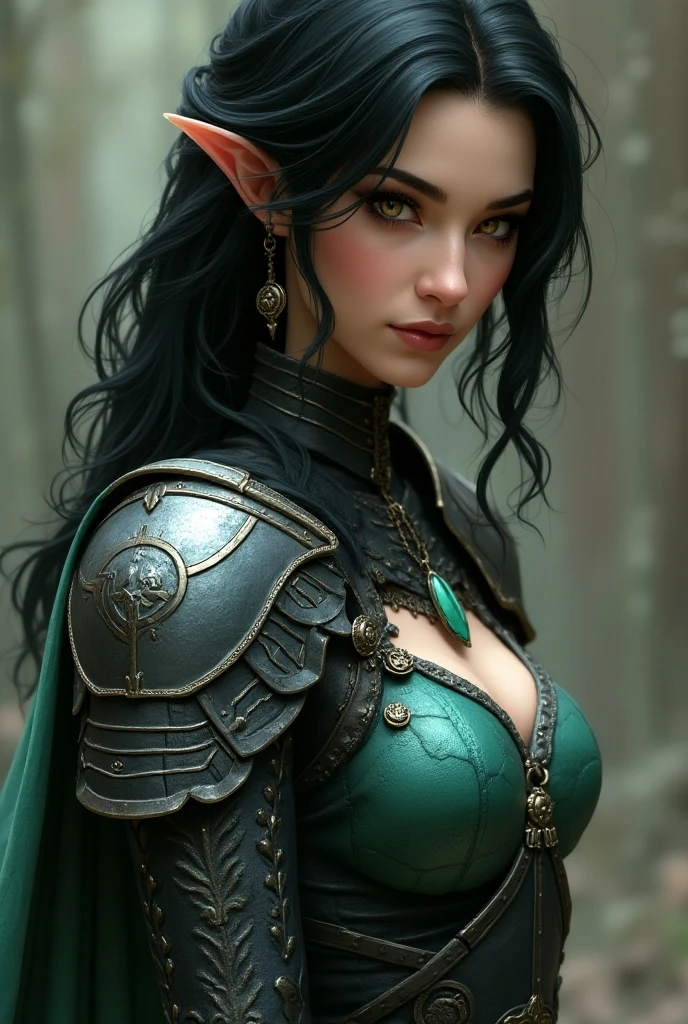 ((artwork, best quality)), ultra detailed,1girl, mature elf girl, Female Elf, dark armor,big tits,cute,