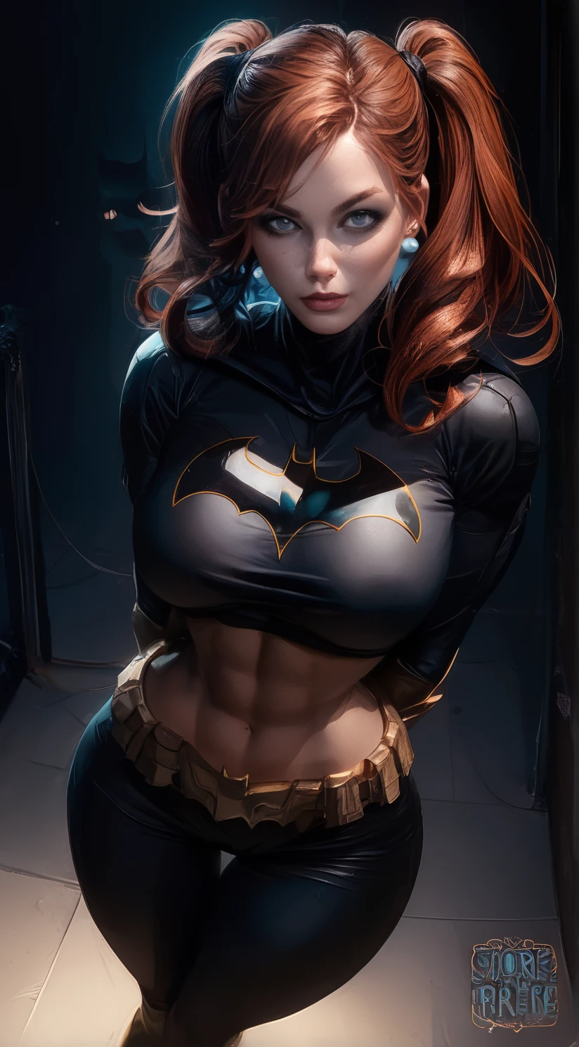  ( A full-length curvaceous woman, big breasts, big hips , narrow waist, long legs,dressed as Batman , posing for a picture), extremely detailed ,  anigerl batman , style , in the style ,  comic, batgirl,  style,  Chris Moore . , graphic artist 