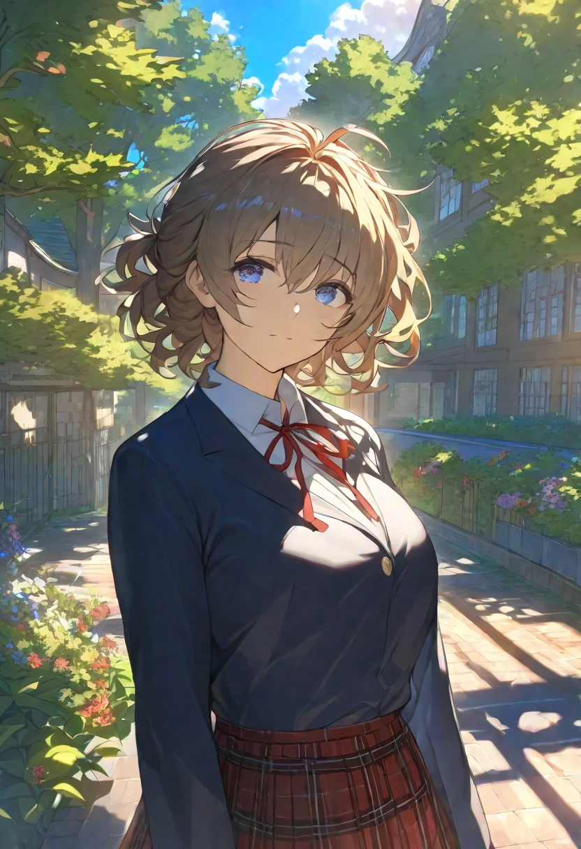 Masterpiece, hdr, bloom, 4k, Anime-style illustration featuring a beautiful female student, very short hair of brown, styled with messy hair, bangs between eyes, she has a gentle, soft expression with large, slightly downturned eyes, giving her a calming and approachable aura, large breast, She is wearing a formal school uniform consisting of a black blazer, white shirt, red neck ribbon, red plaid skirt, and black pantyhose. reflecting her reserved but comforting personality, The background is a serene school courtyard during a sunny day, with trees, a blue sky, and soft sunlight filtering through, creating a peaceful and bright atmosphere. The style is detailed and vibrant, evoking a classic anime scene, cowboy shot, looking at viewer