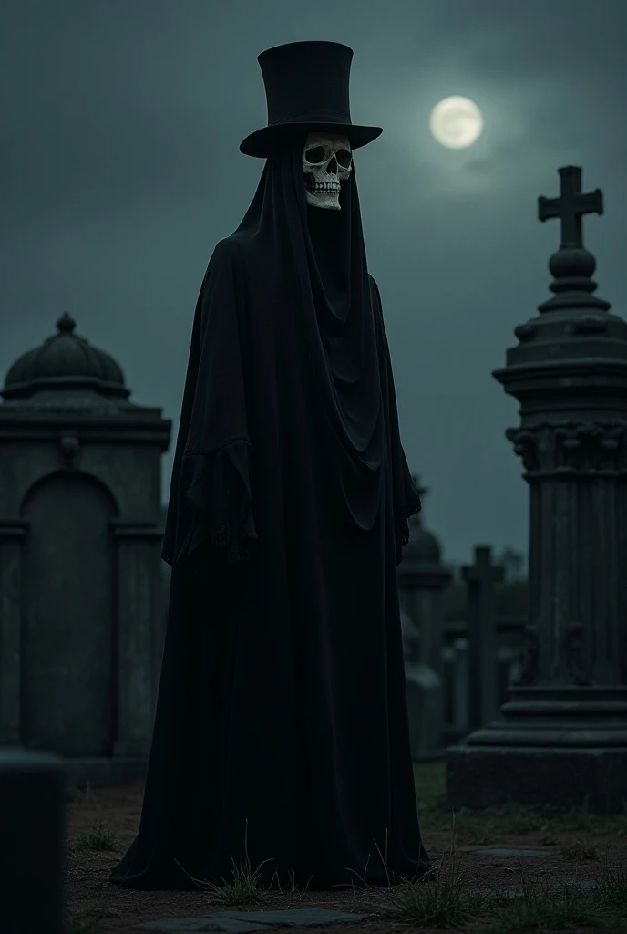 EXU CAVEIRA DA RELIGIÃO UMBANDA WITH FULL BODY IN COVER AND TOP HAT AT THE CEMETERY THE DARK NIGHT