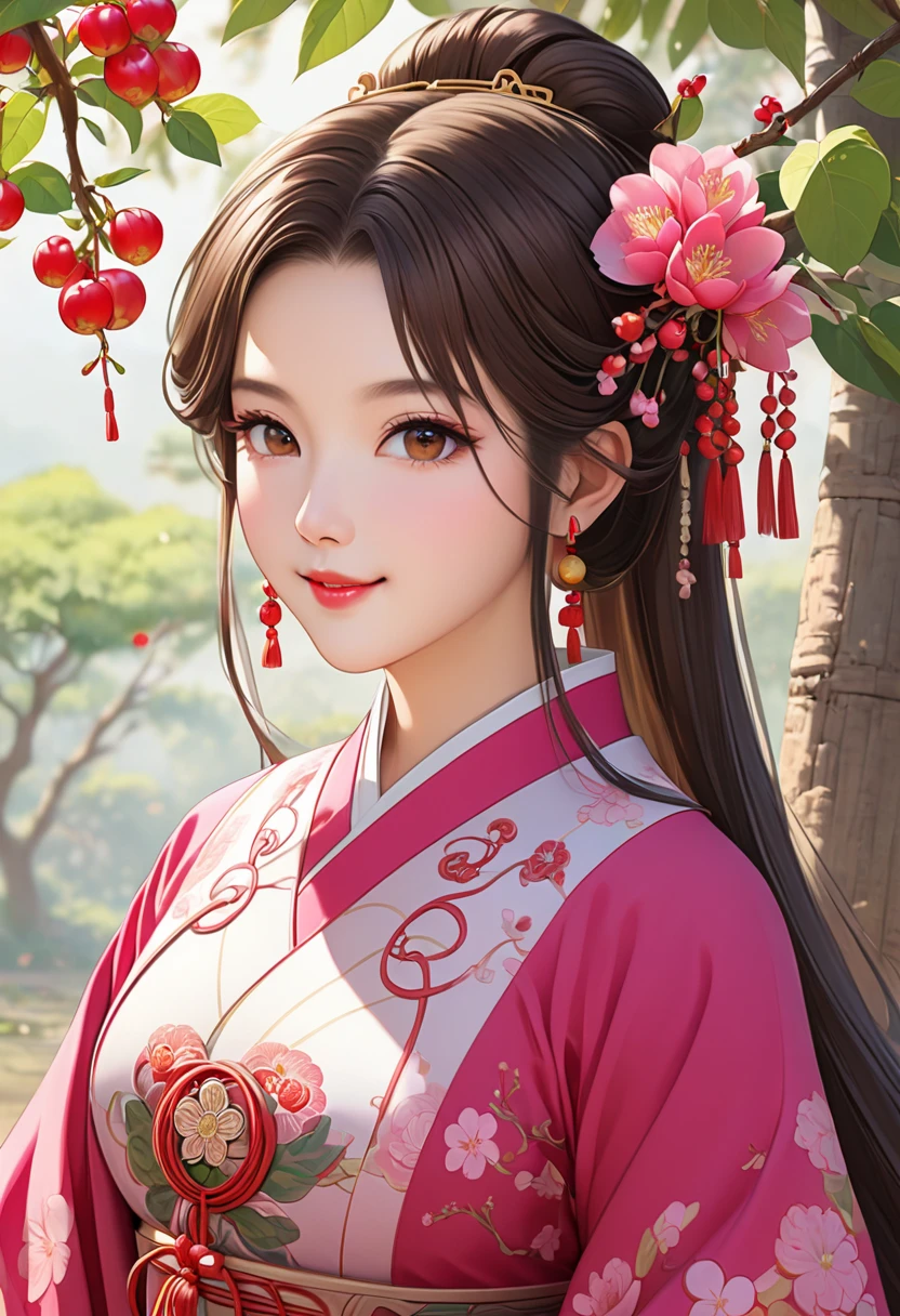 masterpiece,  super detail,  High Quality ,  very detailed, 8k wallpaper, A beautiful single daughter ,  ancient Chinese clothing , full body, Beautiful brown eyes,  pink lips, Beautiful nose, A neat and beautiful face,  looks at me and smiles gently , Mid-chest,  has an anatomically accurate and beautiful figure, Beautiful Skin, natural clean background , Sunshine, Wolfberry flower ,   next to a jujube tree  ,   detailed illustration art, 