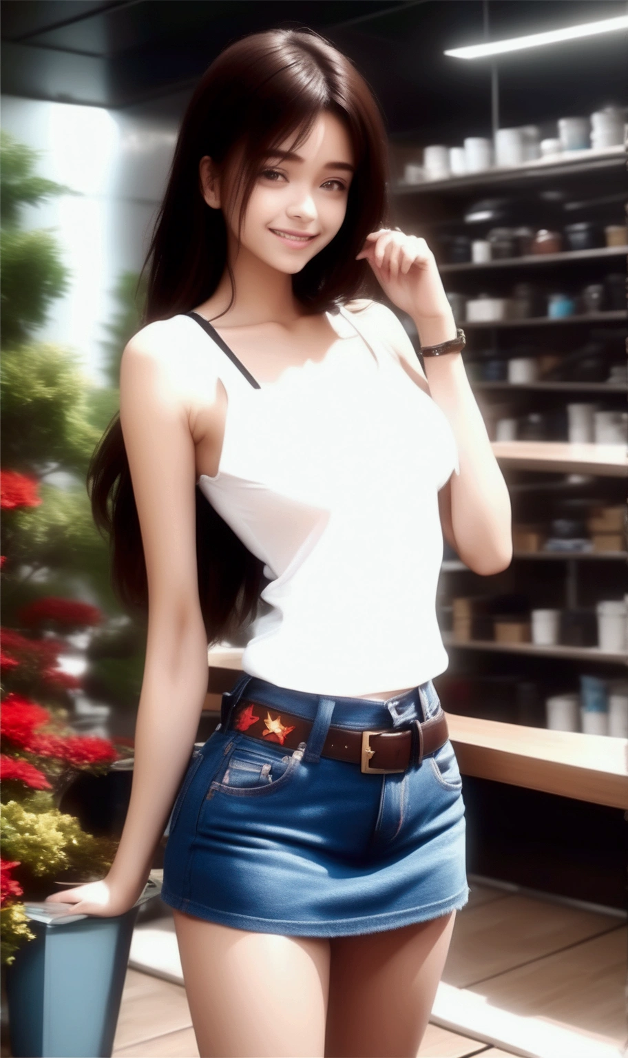 adorable teenage girl, smiling, show her teeth, standing pose near the corner of wall, she is in dark-brown medium hair (+forehead), wears  black and white tank top (+multicolored tank top),  denim pencil skirt with brown belt, BREAK, (1girl, solo, full body, looking at viewer, front view), (best quality,4k,8k,highres,masterpiece:1.2),cinematic lighting,moody lighting,dramatic shadows,vibrant colors, (expressive eyes, perfect face, perfect anatomy)