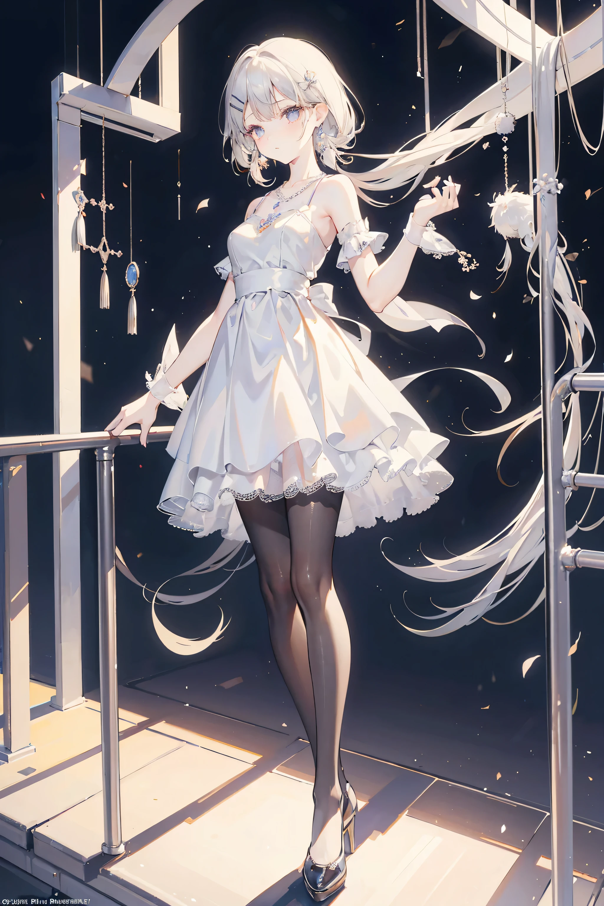 Realism: 1.3, masterpiece, highest quality, high resolution, details: 1.2, 1 girl, hair clip, beautiful face, delicate eyes, tassel earrings, necklace, ribbon, elegant standing posture, aesthetics, movie lighting, ray tracing, depth of field, layering, fluttering, lace whole body, one foot white pantyhose, one foot black pantyhose