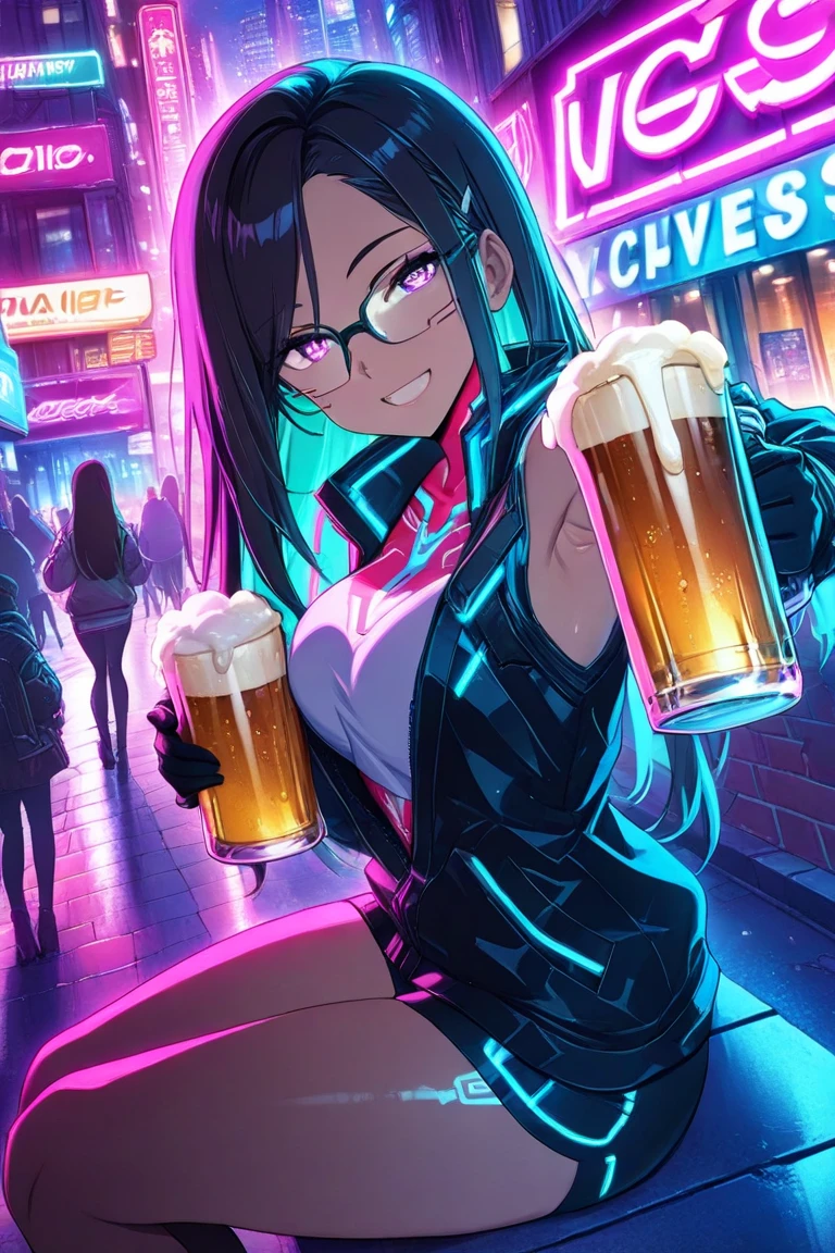 2girl,multiple girl, duo focus, black glasses,sitting ,looking  at viewer , outdoor bar, holding glass, cheers,cheers together, armpits, drinking beer, beer, under neon light, cyberpunk vibes, neon sign, street, crowd,masterpiece, best quality,4k UHD,high detailed, scenery, glowing light, extreme glow, 