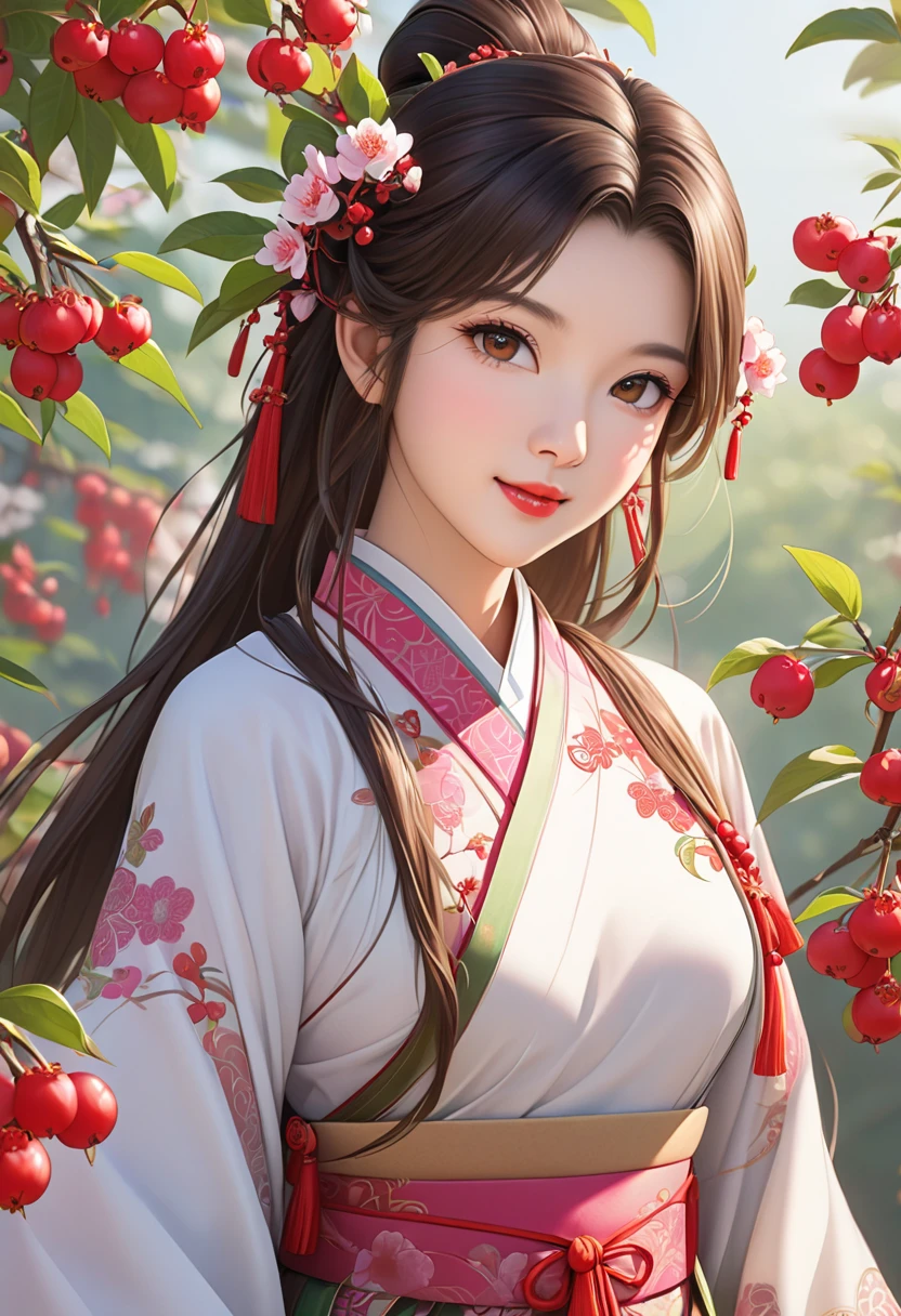 masterpiece,  super detail,  High Quality ,  very detailed, 8k wallpaper, A beautiful single daughter ,  ancient Chinese clothing , full body, Beautiful brown eyes,  pink lips, Beautiful nose, A neat and beautiful face,  looks at me and smiles gently , Mid-chest,  anatomically accurate and beautiful figure, Beautiful Skin, natural clean background , Sunshine, Wolfberry flower ,   next to a jujube tree  ,   detailed illustration art, 