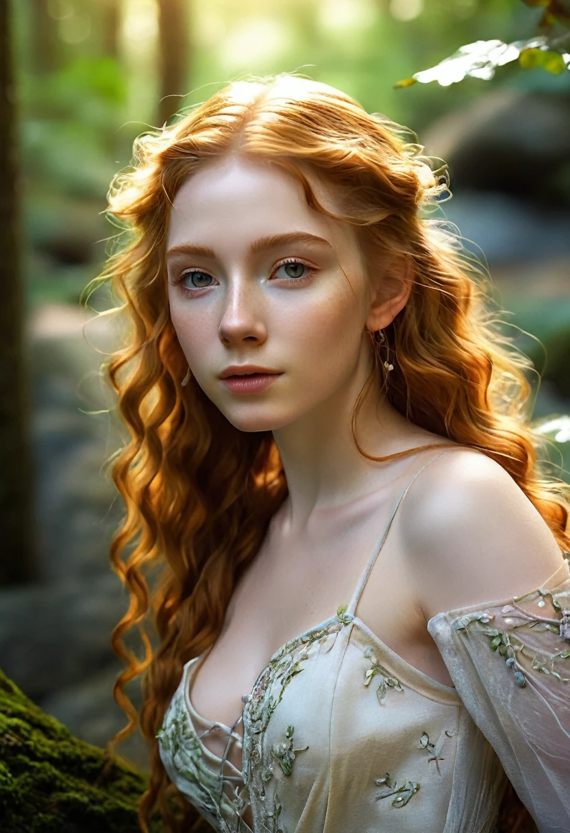 (Realistic:1.4), elven teen girl in the forest, pale curly long ginger hair, delicate features of a thin face, cute sexy, Fantasy style , 8K, proffesional photography, Hi-Def, lifelike skin, Without cosmetics, Incredibly fair skin, background of the Middle Ages, Rocky Creek, The sun shines its rays through the treetops, bokeh, nude, full body picture,  small breasts, small nipples, brutally fucked by monsters, covered in semen 