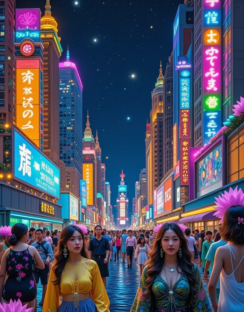 An ultrarealistic depiction of the Las Vegas strip at night time, under a dark star-studded sky. The neon lights from the buildings and signboards are glowing in multifarious vibrant colours, projecting illumination and liveliness onto the bustling street. The buildings are varied—tall, short, modern, and classic—each uniquely designed and adorned with glittering lights. People of diverse races and genders are walking down the crowded sidewalks, engaged in activities typical of nightlife in a bustling city, filled with laughter, noise, and the zest of life