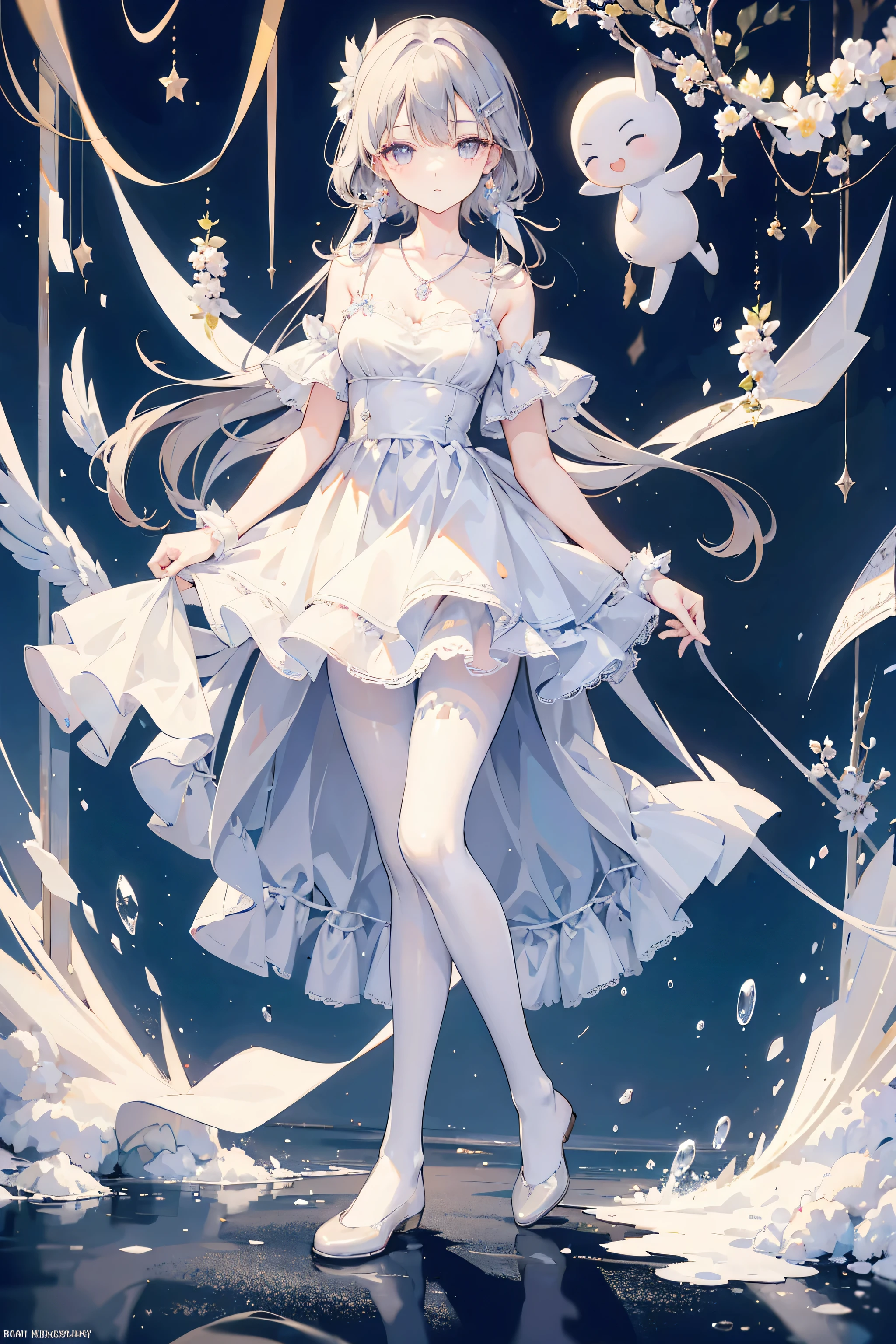 Realism: 1.3, masterpiece, highest quality, high resolution, details: 1.2, 1 girl, hair clip, beautiful face, delicate eyes, tassel earrings, necklace, ribbon, elegant standing posture, aesthetics, movie lighting, ray tracing, depth of field, layering, fluttering, lace whole body, one foot white pantyhose, one foot black pantyhose