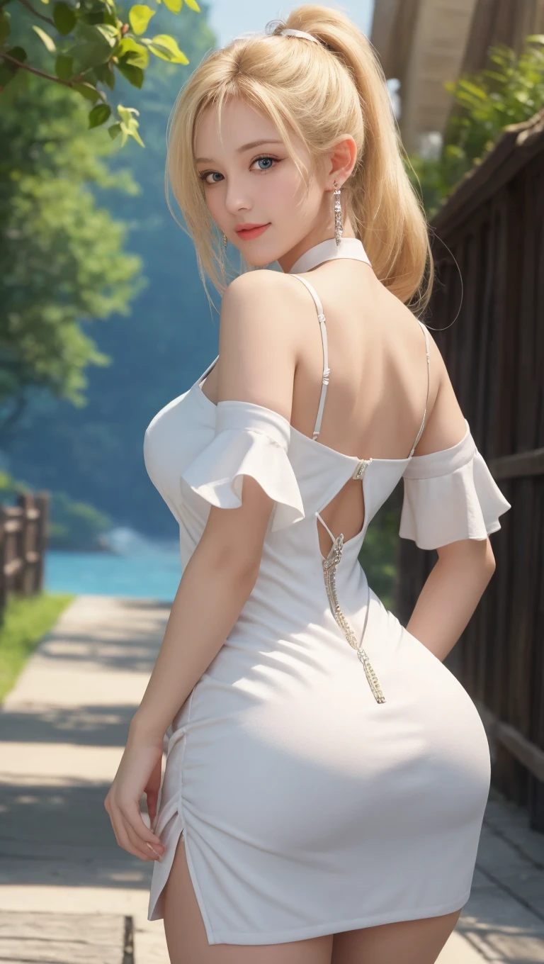 1girl, (Blue Eyes), (smiling :1.2), (Sana Minatozaki), (beautiful makeup :1.2), wide hips, Big tits, big ass, (thin waist: 1.2), (thick and toned thighs), (Best Quality, 8k, Masterpiece: 1.3), Clear Focus: 1.2, Perfect Body Beauty: 1.4, strong abs, Highly detailed face and skin texture, detailed eyes, double eyelids, red lips, (blonde long hair :1.2), (wearing a minidress showing buttocks :1.3), standing, look back, (view from back :1.1), (view from below :1.2), (in an open field)