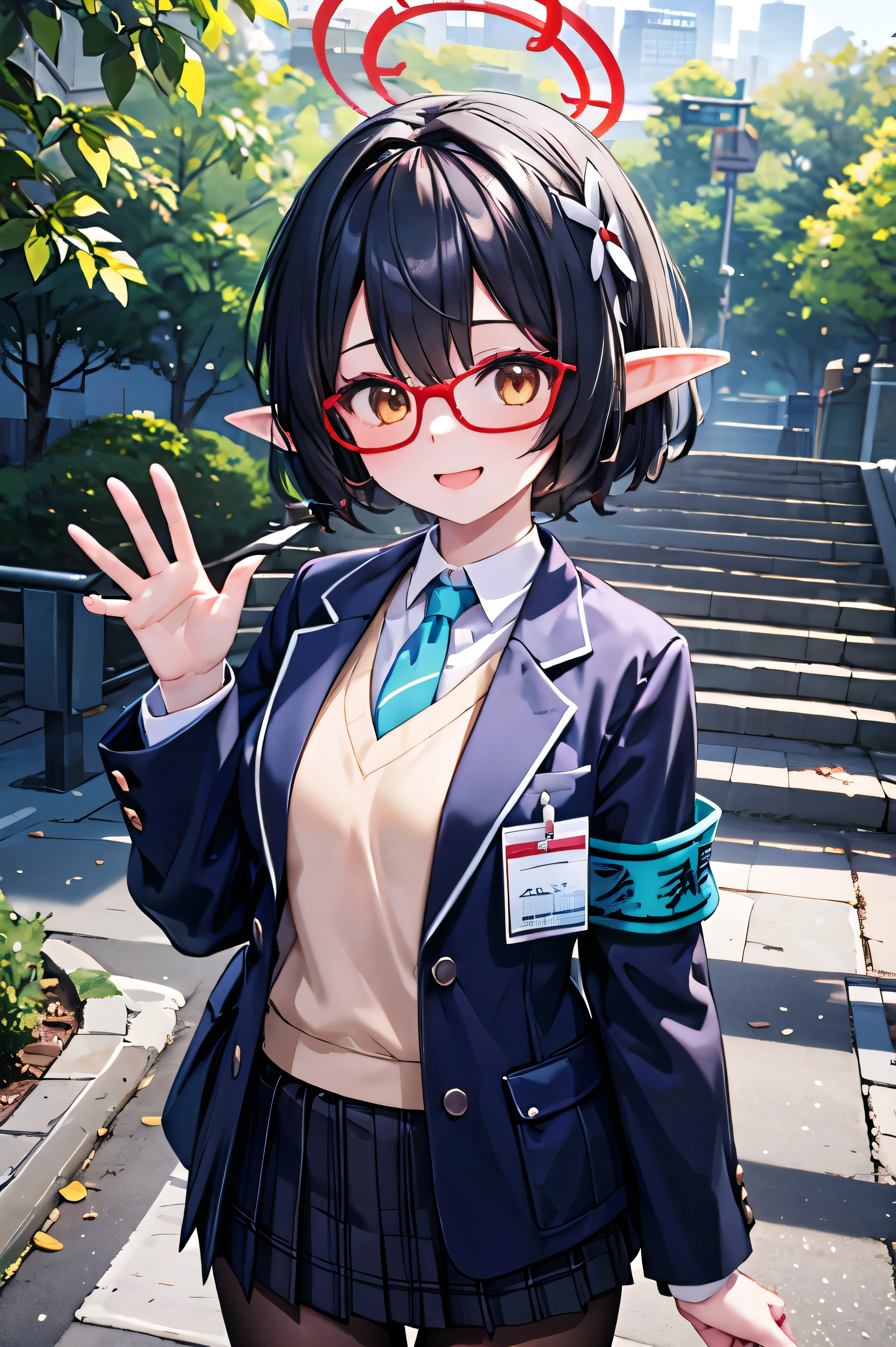 masterpiece, Best Quality, Super detailed,  1 girl, Ayane,Red glasses, Pointy Ears, Elf, School_uniform, blazers,  white shirt,  Pleated Skirts, halo, Outdoor, smile, Mouth open, Wave, (Wave:1.1),  is standing 