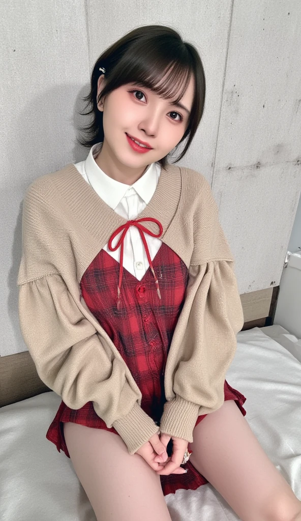 (((8k、 Hi-Res、Best Quality、 Hi-Res)))Alone、Natural body shape、 white skin、  natural makeup、 black hair、bangs、Straight hair 、、((High School Uniform)) 、(( beige cardigan 、long sleeve blouse with white collar ))、(( red plaid pleated skirt))、(Red school ribbon),((The upper body is wearing a uniform))、((((( Staring at the Camera )))))、(((Head to shin portrait)))、((( exposes the thighs)))、bedroom、 bed、 sitting with legs open 、((Focus on crotch))、 holding white socks 

