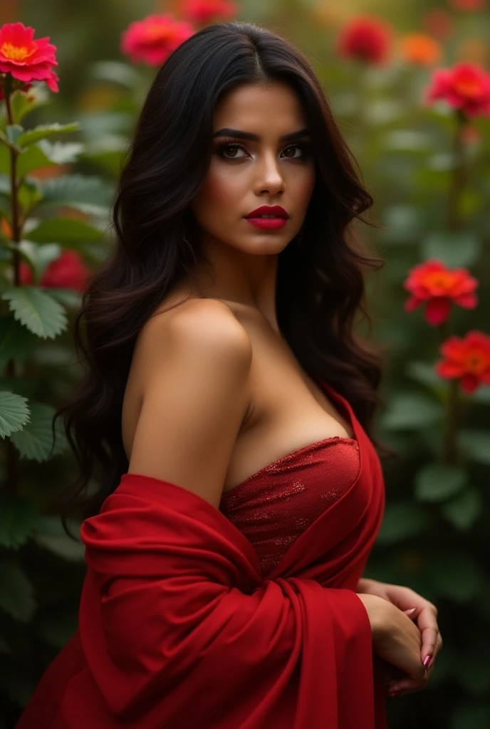 from above, best quality, ultra high res, (photorealistic:1.4), Morena Baccarin, (makeup:1.4), long sleeve sweater, natrual breasts, (black wavy hair:1.3), (surrounded by roses:1.3), (sweet romantic lighting:1.4), (seductive expression:1.1), looking at viewer