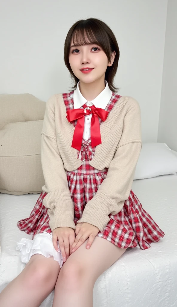 (((8k、 Hi-Res、Best Quality、 Hi-Res)))Alone、Natural body shape、 white skin、  natural makeup、 black hair、bangs、Straight hair 、、((High School Uniform)) 、(( beige cardigan 、long sleeve blouse with white collar ))、(( red plaid pleated skirt))、(Red school ribbon),((The upper body is wearing a uniform))、((((( Staring at the Camera )))))、(((Head to shin portrait)))、((( exposes the thighs)))、bedroom、 bed、 sitting with legs open 、((Focus on crotch))、 holding white socks 

