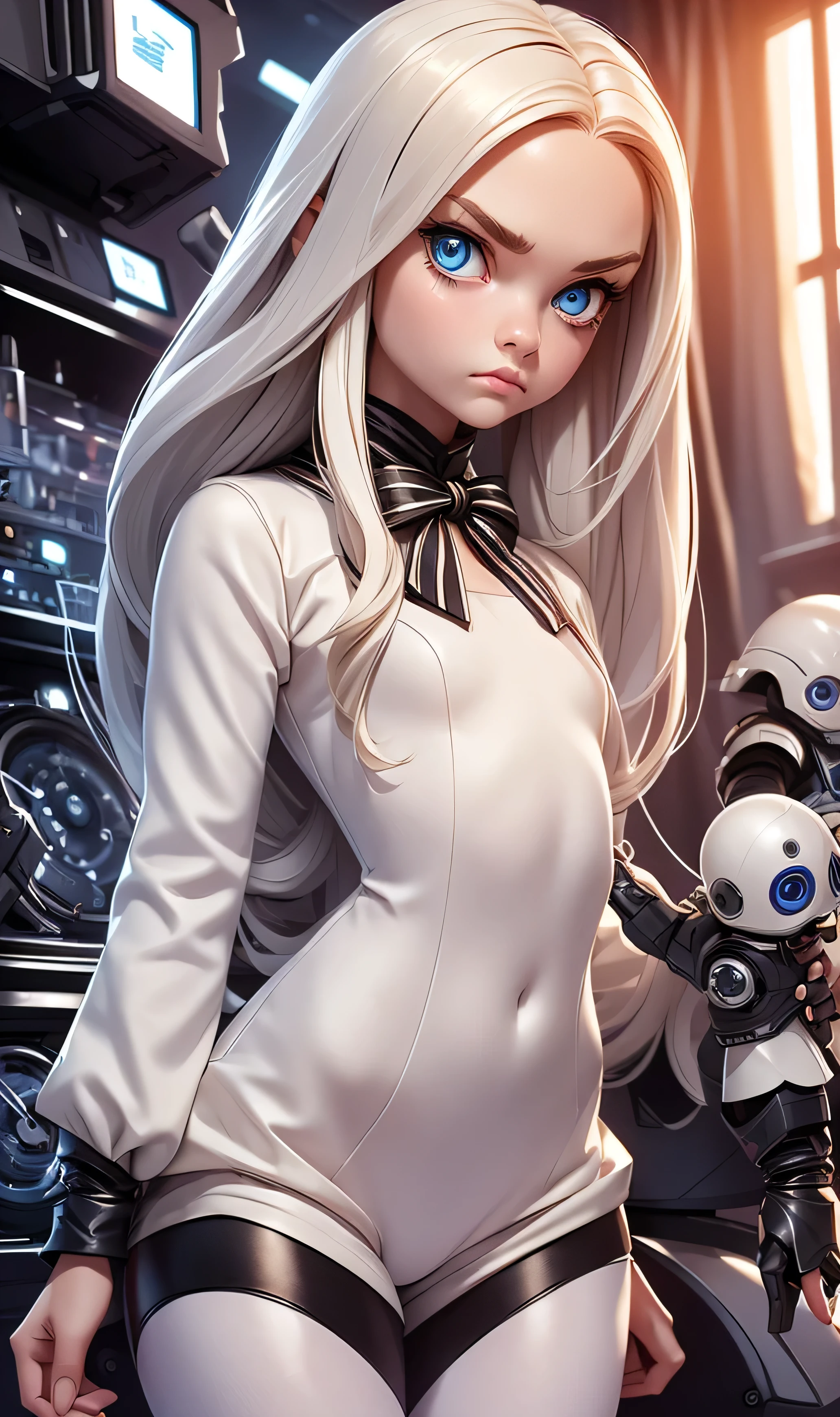  masterpiece , 1 girl,  long hair ,  white hair , blue eyes, doll, robot, annoyed,  full body ,  thin and small,  slender legs , long sleeve blouse,  tight blouse , short pants, mechanical arms, in a technology laboratory, 