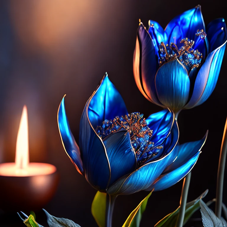  great quality 、 (8k、 RAW photo、Realistic)、Metal Plated Artificial Flowers 、blue tulip、Gothic Garden 、Detailed, detailed depictions and flashy 、 dynamic painting method 、 professional flaming lighting