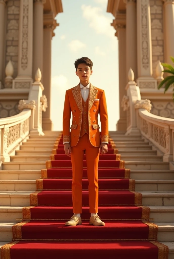 Full body Picture of a teenage boy Korean prince royal highness, ,thin body,15 years old wearing light brown transparent underwear , many golden and crystal accessories on body, necklace hand belt , golden shoes,topless walking in Thailand royal palace hallway