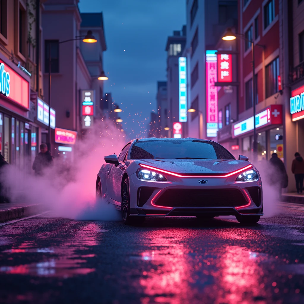 Neon street at night, a car is driving on the street, shining enchanting light in the sky , Cinematic Lighting ,( best quality ,4K,8k, high resolution ,masterpiece:1.2),Dynamic composition, vivid colors ,fantasy,Concept art style