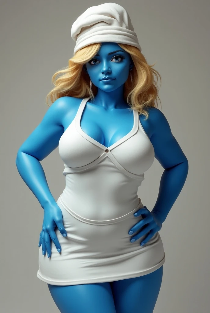 Smurfette with a too big butt, too big breasts, wearing sandals with black yoga pants and a very tight neckline that really highlights her butt and breasts with a bikini while sitting on top of a luxury car and wearing a black face mask that has a teeth print 