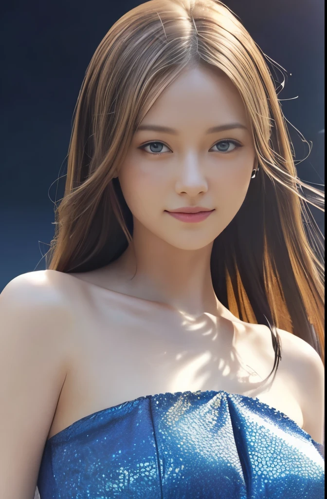 long windblown blue-caramel hair, looking at viewer, masterpiece, ((8k, photorealistic, RAW photo)), best quality, Indonesian, 1girl, beautiful face, realistic face, caramel hair, short hair, beautiful hairstyle, realistic eyes, beautiful detailed eyes, realistic skin, beautiful skin, attractive, ultra high res, ultra realistic, highly detailed, golden ratio, standing, front view, open stance, model posing, upper body, ((huge breasts)), concentrated expression, exposed breast shape, exposed breasts cleavage, night rooftop, city view, ultra detailed, hyper sharp, sharp focus, K-pop idol, J-pop idol, Italian woman, portraits, anime style, vibrant colors, bokeh lighting, ((Stretch out the breasts of the miniset)), upon body from head to thigh