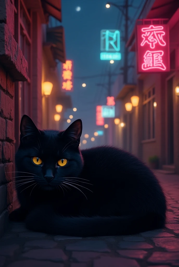 Realistic, theme is "Neon Town at Night", a black cat lying down under a sign in the back alley of a neon town at night, watching the people passing by, a big fat black cat, its round face is cute, a crescent moon can be seen in the narrow sky seen from the back alley, sophisticated design, advanced lighting technology, live-action photo 8K quality