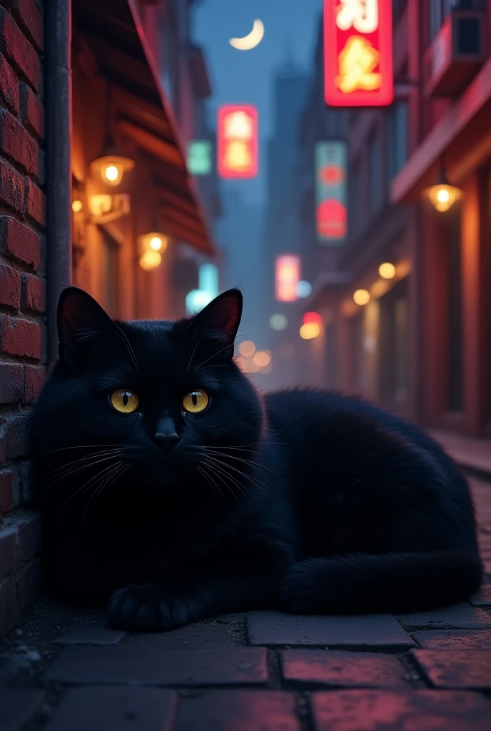 Realistic, theme is "Neon Town at Night", a black cat lying down under a sign in the back alley of a neon town at night, watching the people passing by, a big fat black cat, its round face is cute, a crescent moon can be seen in the narrow sky seen from the back alley, sophisticated design, advanced lighting technology, live-action photo 8K quality