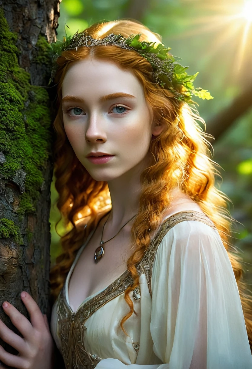 (Realistic:1.4), elven teen girl in the forest, pale curly long ginger hair, delicate features of a thin face, cute sexy, Fantasy style , 8K, proffesional photography, Hi-Def, lifelike skin, Without cosmetics, Incredibly fair skin, background of the Middle Ages, Rocky Creek, The sun shines its rays through the treetops, bokeh, nude, full body picture,  small breasts, small nipples, brutally fucked by monsters, covered in semen 