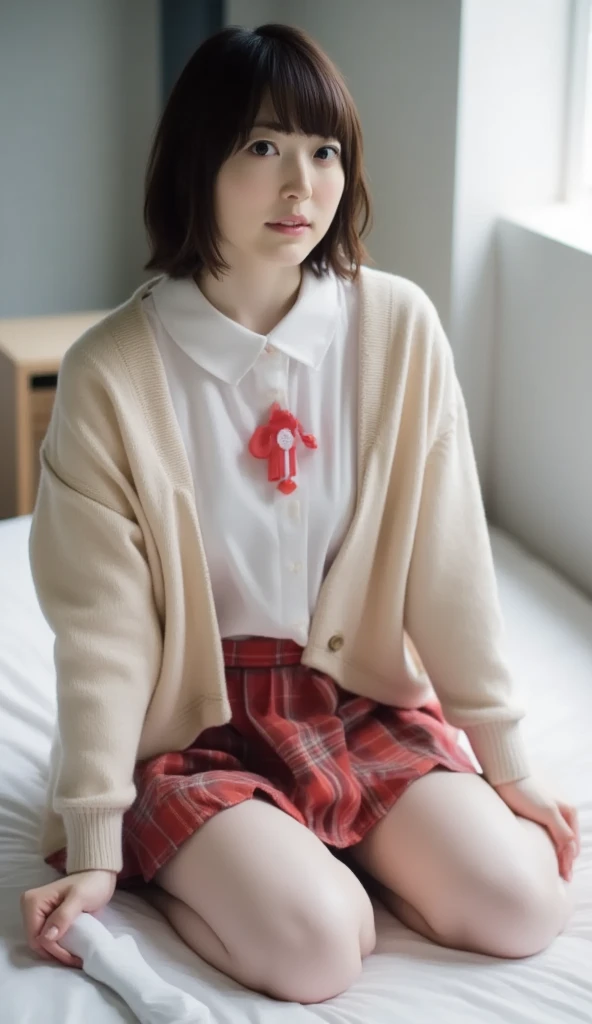 (((8k、 Hi-Res、Best Quality、 Hi-Res)))Alone、Natural body shape、 white skin、  natural makeup、 black hair、bangs、Straight hair 、、((High School Uniform)) 、(( beige cardigan 、long sleeve blouse with white collar ))、(( red plaid pleated skirt))、(Red school ribbon),((The upper body is wearing a uniform))、((((( Staring at the Camera )))))、(((Head to shin portrait)))、((( exposes the thighs)))、bedroom、 bed、 sitting with legs open 、((Focus on crotch))、 holding white socks 