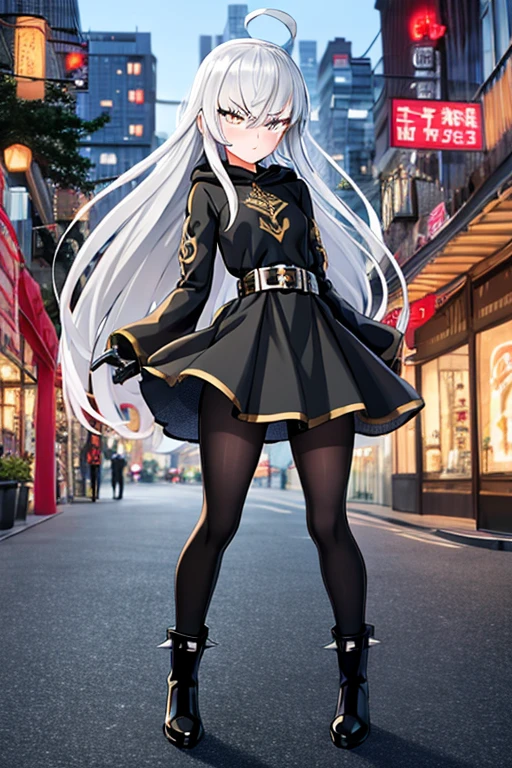 ((best quality)), ((masterpiece)), (detailed), 1 girl, Full body, s, embarrassed face, Silver eye, Grey hood, Blushing, Silver hair, Straight hair, long hair, ahoge, Bangs, Lock of hair covering right eye, Full body, very tall, small breasts, Slim body, Metal spikes, Grey wristbands, Long black gloves with spikes, Lantern sleeves, Grey dress, Grey dress with metal spikes, Metal emblem, Somewhat tight, Black belt, Metal legs, Black pantyhose, Black boots, Metal coming out of the road, City background, Anime